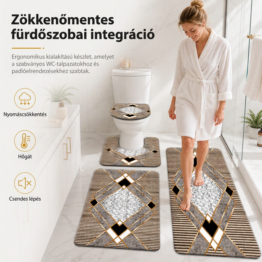 4 darabos műkasmír nedvszívó fürdőszobai szőnyegkészlet, amely téglalap alakú szőnyeget, U-alakú WC előtti szőnyeget, WC-fedélfedelet és hosszú futószőnyeget tartalmaz
