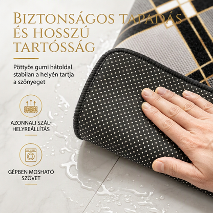 4 darabos műkasmír nedvszívó fürdőszobai szőnyegkészlet, amely téglalap alakú szőnyeget, U-alakú WC előtti szőnyeget, WC-fedélfedelet és hosszú futószőnyeget tartalmaz