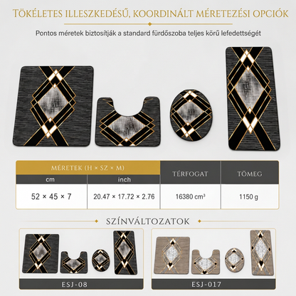 4 darabos műkasmír nedvszívó fürdőszobai szőnyegkészlet, amely téglalap alakú szőnyeget, U-alakú WC előtti szőnyeget, WC-fedélfedelet és hosszú futószőnyeget tartalmaz