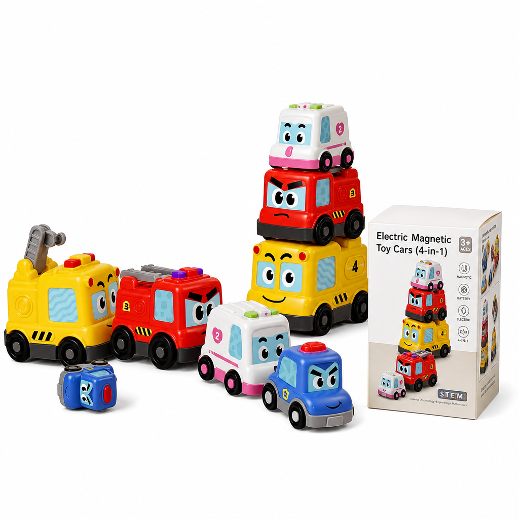 🚗✨ 4 részes mágneses játékautó-készlet gyerekeknek – fények, hangok és kreatív építőjáték