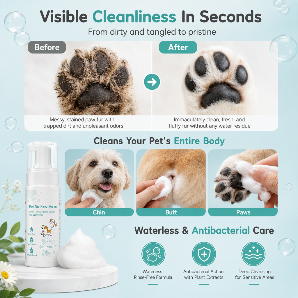 🐶🐱🫧 Öblítés nélküli szőrtisztító hab – kutyáknak és macskáknak, gyors felfrissítés és ápolás