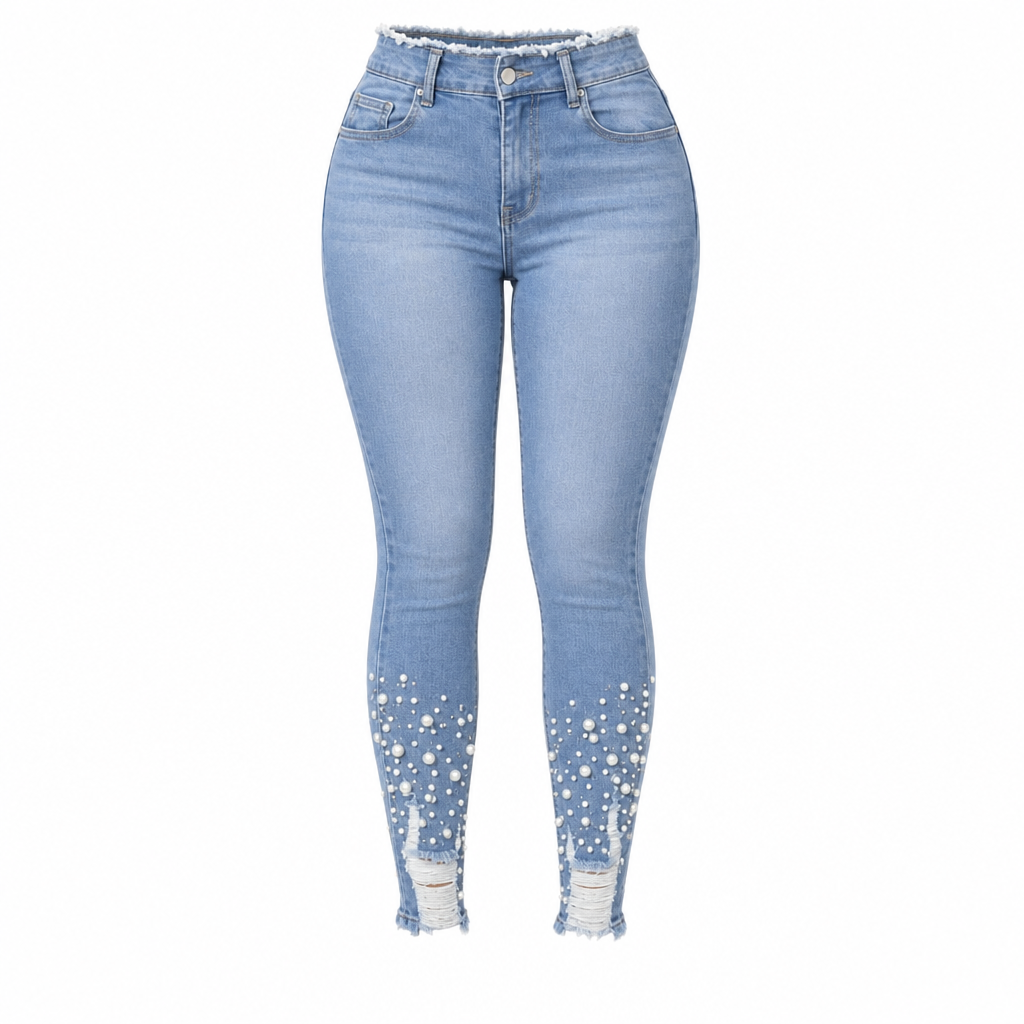 👖✨ Női világoskék, gyöngyös skinny farmer – testhezálló szabás, szaggatott szegély és divatos részletek