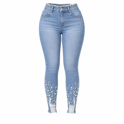 👖✨ Női világoskék, gyöngyös skinny farmer – testhezálló szabás, szaggatott szegély és divatos részletek