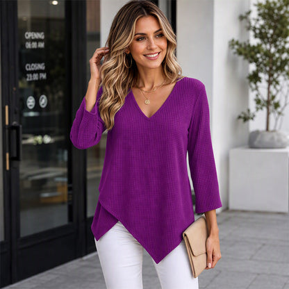 ✨👚 Női V-nyakú blúz – laza szabás és puha gofri mintás kötött anyag