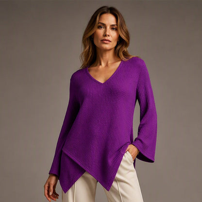 ✨👚 Női V-nyakú blúz – laza szabás és puha gofri mintás kötött anyag