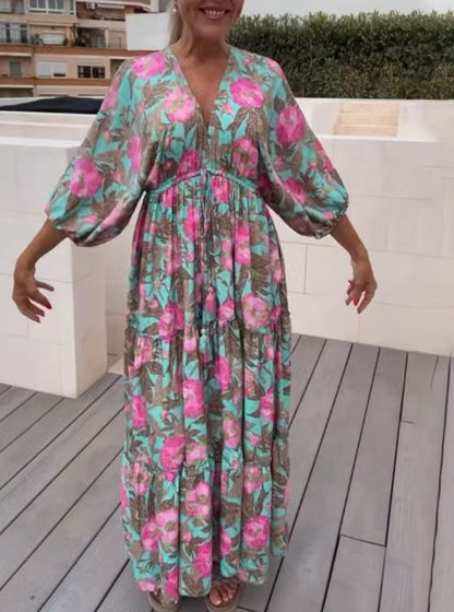 Hot Sale💃Casual Floral Satin Satin Boho ruha V nyak nyomtatás Swing ruha